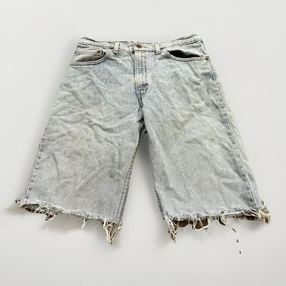 Vintage 90s Levis 550 Mens Blue Cutoff Jean Shorts Denim Distressed Size 33